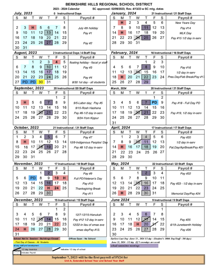 School Calendar 2023-24 – Berkshire Hills Regional School District